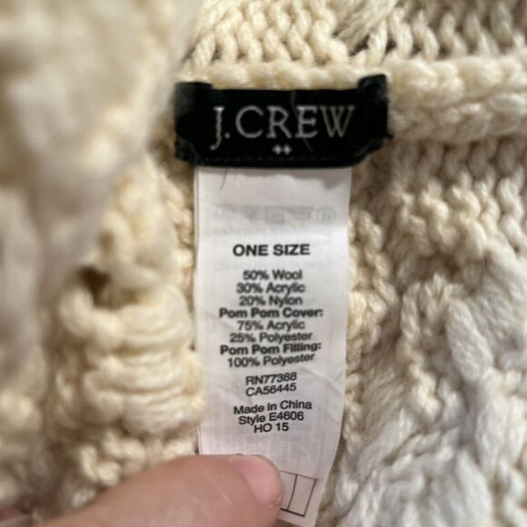 J CREW womens Hat IVORY Basketweave Knit Faux Fur Pom Beanie WOOL BLEND - Picture 3 of 4